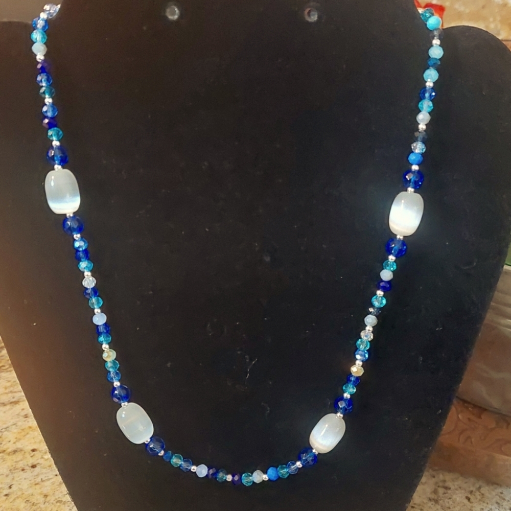 Blue Czech beads with white agate quarts beads